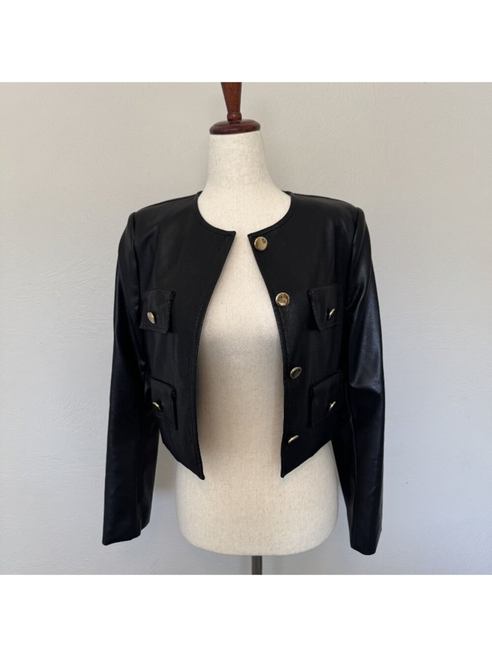 Line & Dot Sonny Black Vegan Faux Leather Crop Jacket Gold Buttons NWT XS